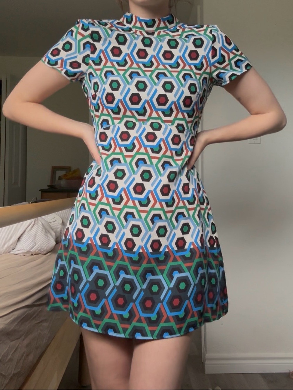 Zara Multicolor Geometric Mock-Neck Mini Dress